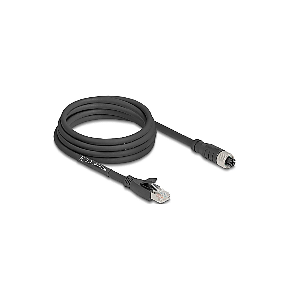 Un cavo nero arrotolato con connettori ad ogni estremità. Un'estremità ha un connettore RJ45, l'altra un connettore metallico circolare.