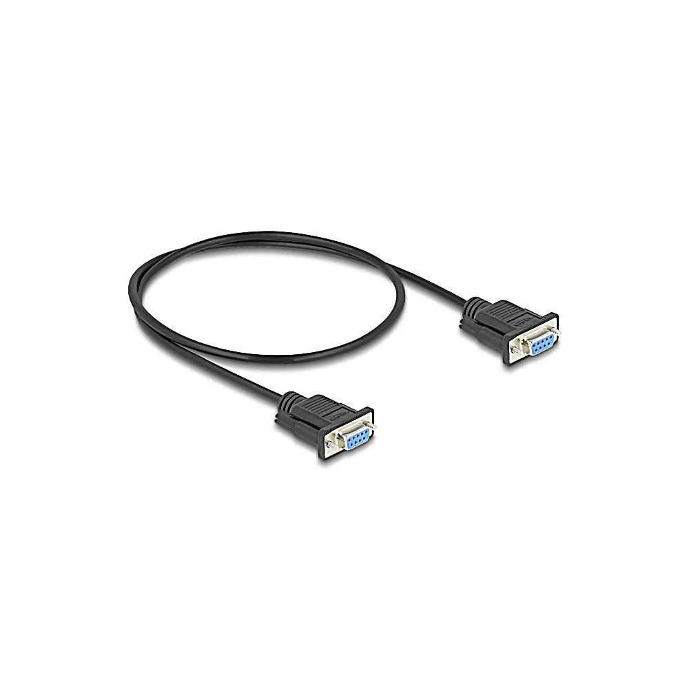 Un cavo VGA nero con due connettori. I connettori hanno pin blu. Il cavo è su sfondo bianco.
