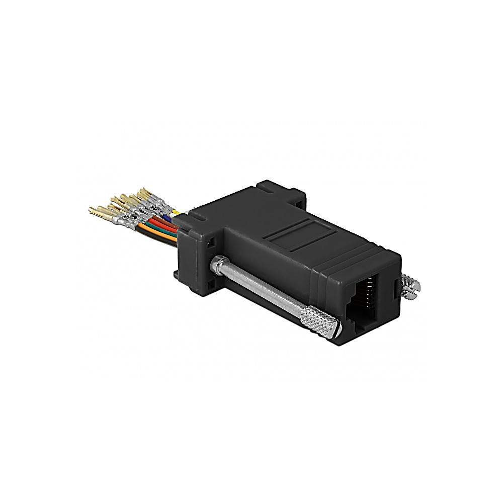 Un adattatore nero con fili. Ha una porta per un connettore RJ45 e viti. Escono fili di diversi colori.