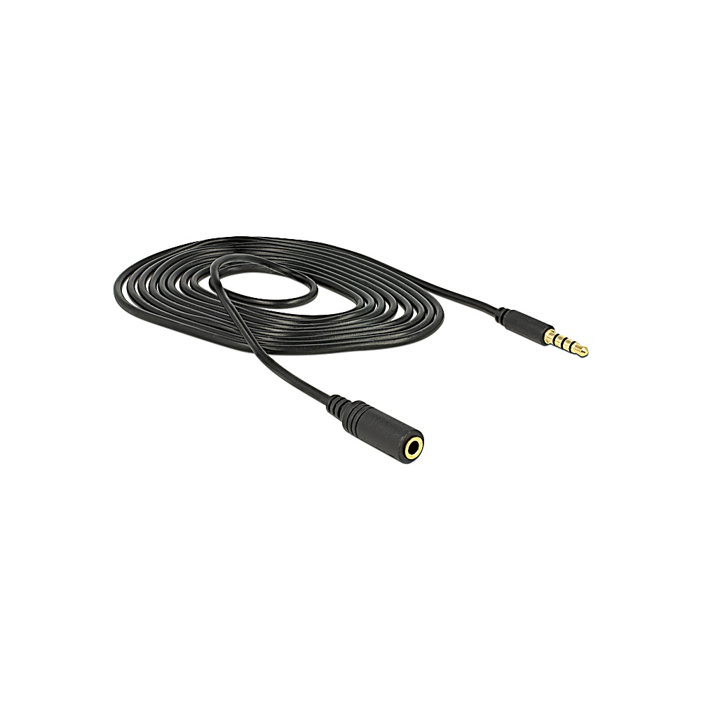 A black audio cable with a male and female 3.5mm jack. The cable is coiled in the center, with the jacks at each end.