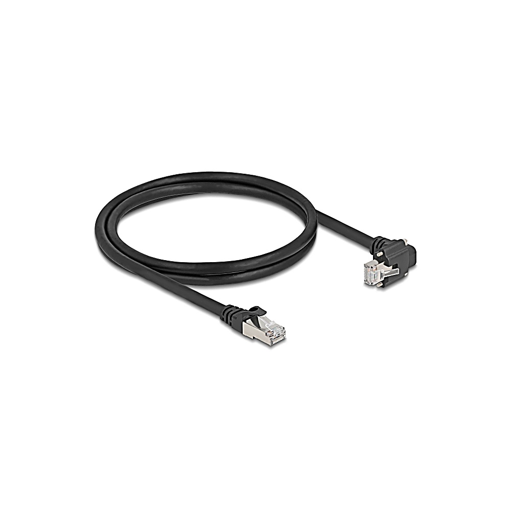 Un cavo Ethernet nero con connettori ad entrambe le estremità, appoggiato su una superficie bianca. Il cavo è avvolto in un anello.