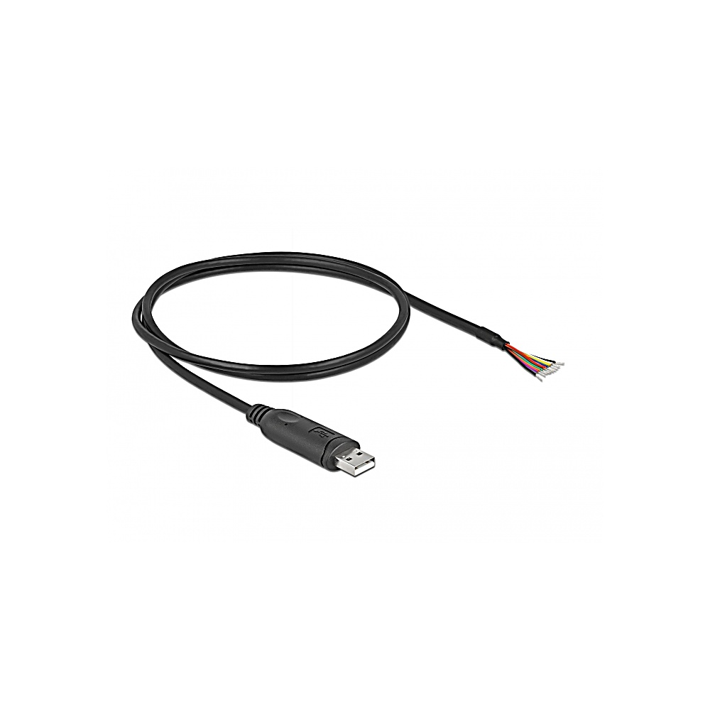 Un cavo USB nero su sfondo bianco. Il cavo è arrotolato e ha un connettore USB a un'estremità e fili scoperti all'altra.