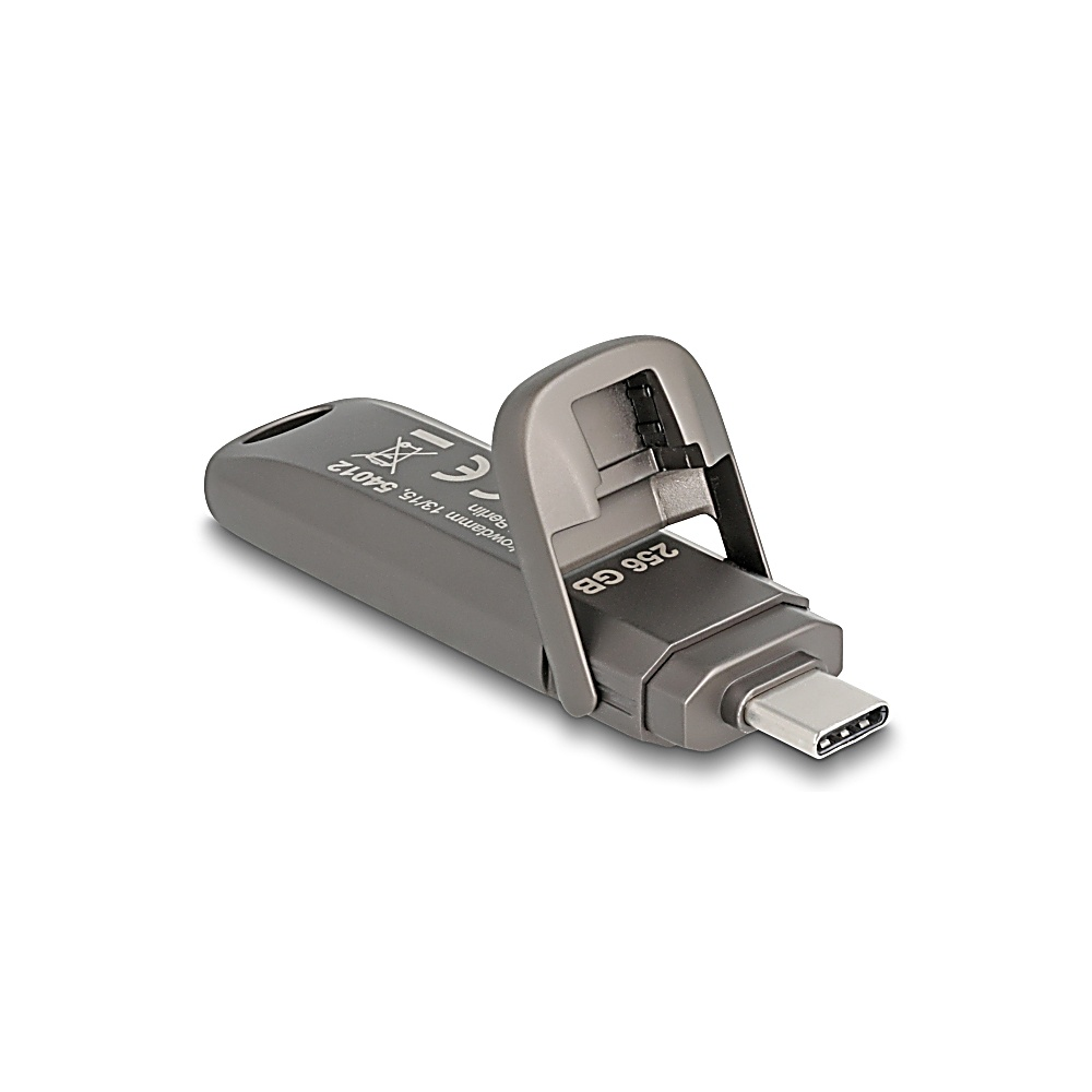 Una chiavetta USB grigia con una copertura protettiva, con connettore USB-C.  Etichettata con "256 GB" e altre marcature.