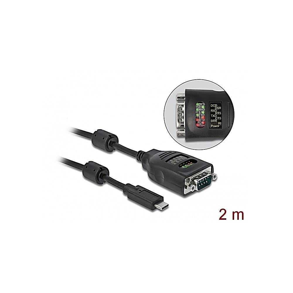 Un cavo da USB-C a seriale nero, con un primo piano del connettore seriale. Il cavo è lungo 2 metri. C'è un'immagine dei pin.