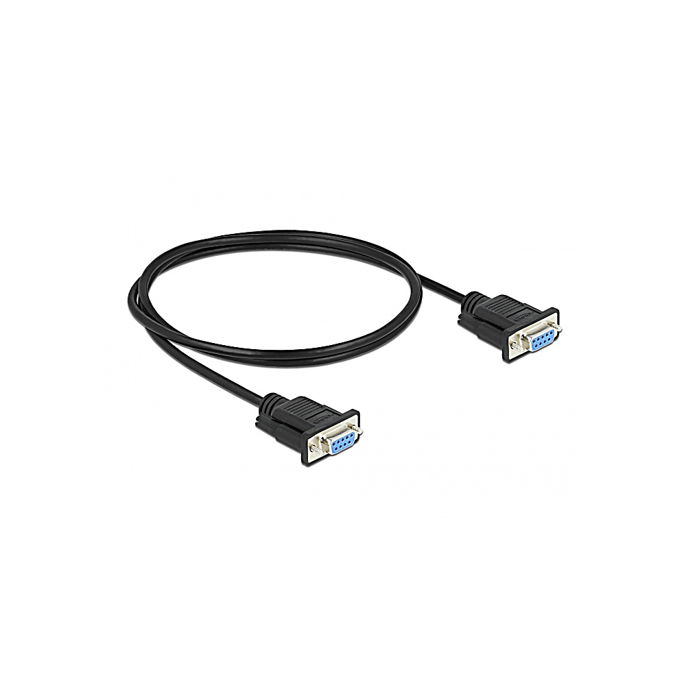 Cavo seriale nero con due connettori. Ogni connettore ha pin blu. Il cavo è su sfondo bianco.