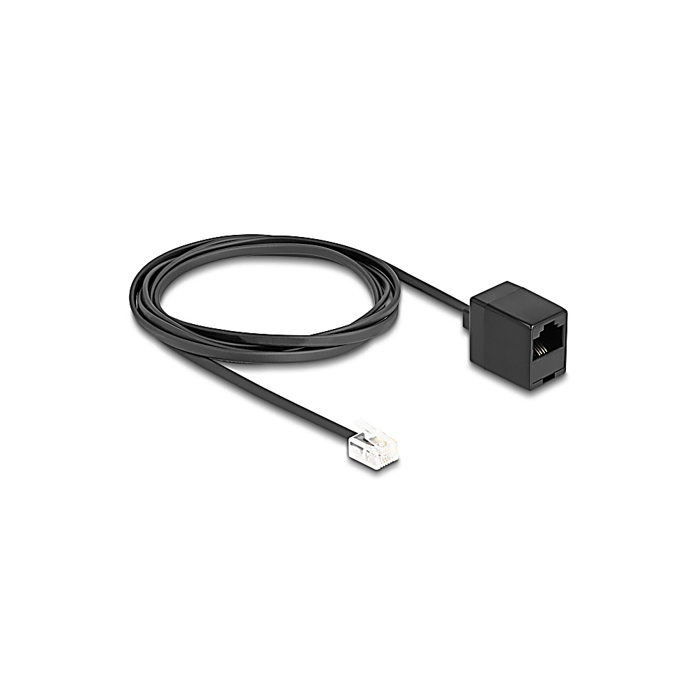 Czarny kabel telefoniczny z dwoma złączami. Jeden koniec to wtyczka modułowa, drugi prostokątny blok z portem RJ45.