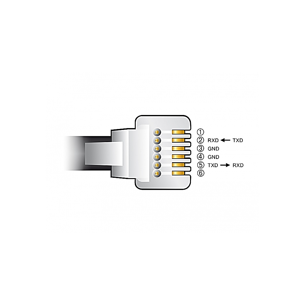 Un connettore RJ-45 con etichette dei pin. Il connettore è grigio e ha pin dorati. È collegato a un cavo bianco.