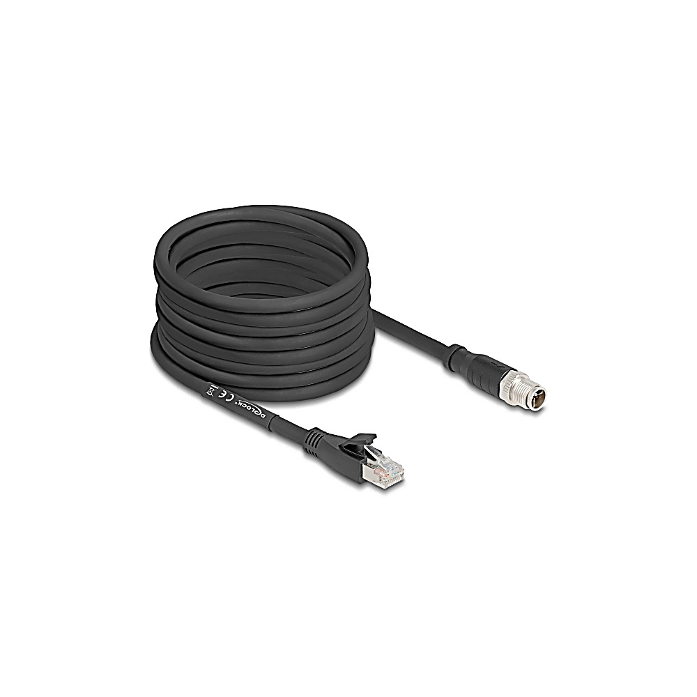 Cavo nero arrotolato con connettori RJ45 e M12. Sfondo bianco. Il cavo è etichettato con 'DELOCK' e marchio CE.