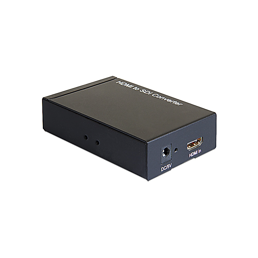Convertitore HDMI a SDI nero su sfondo bianco, con porte etichettate HDMI In e DC/5V.