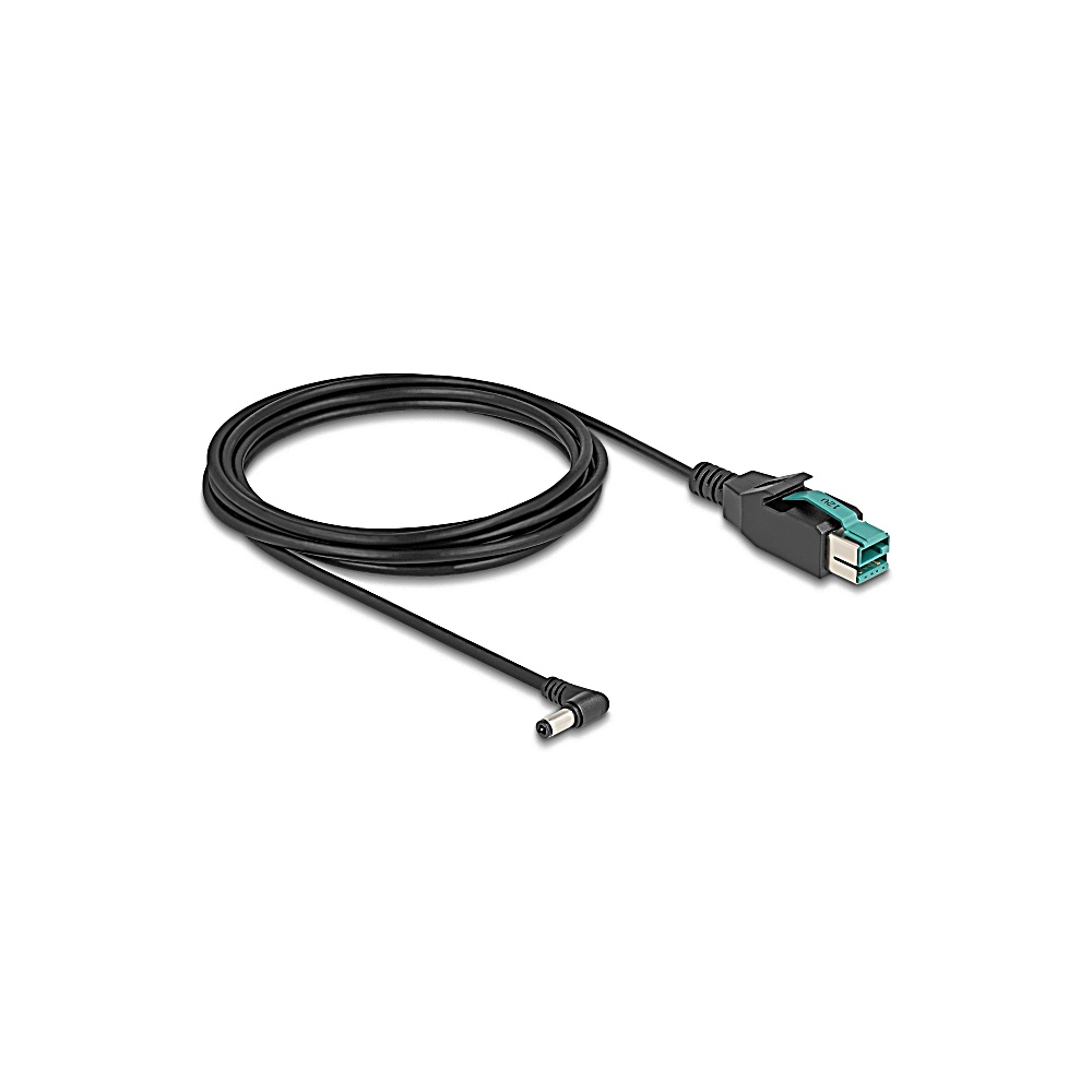 Un cable negro con una sección enrollada, y un conector con detalles turquesa y blanco en un extremo y un conector de CC en el otro.