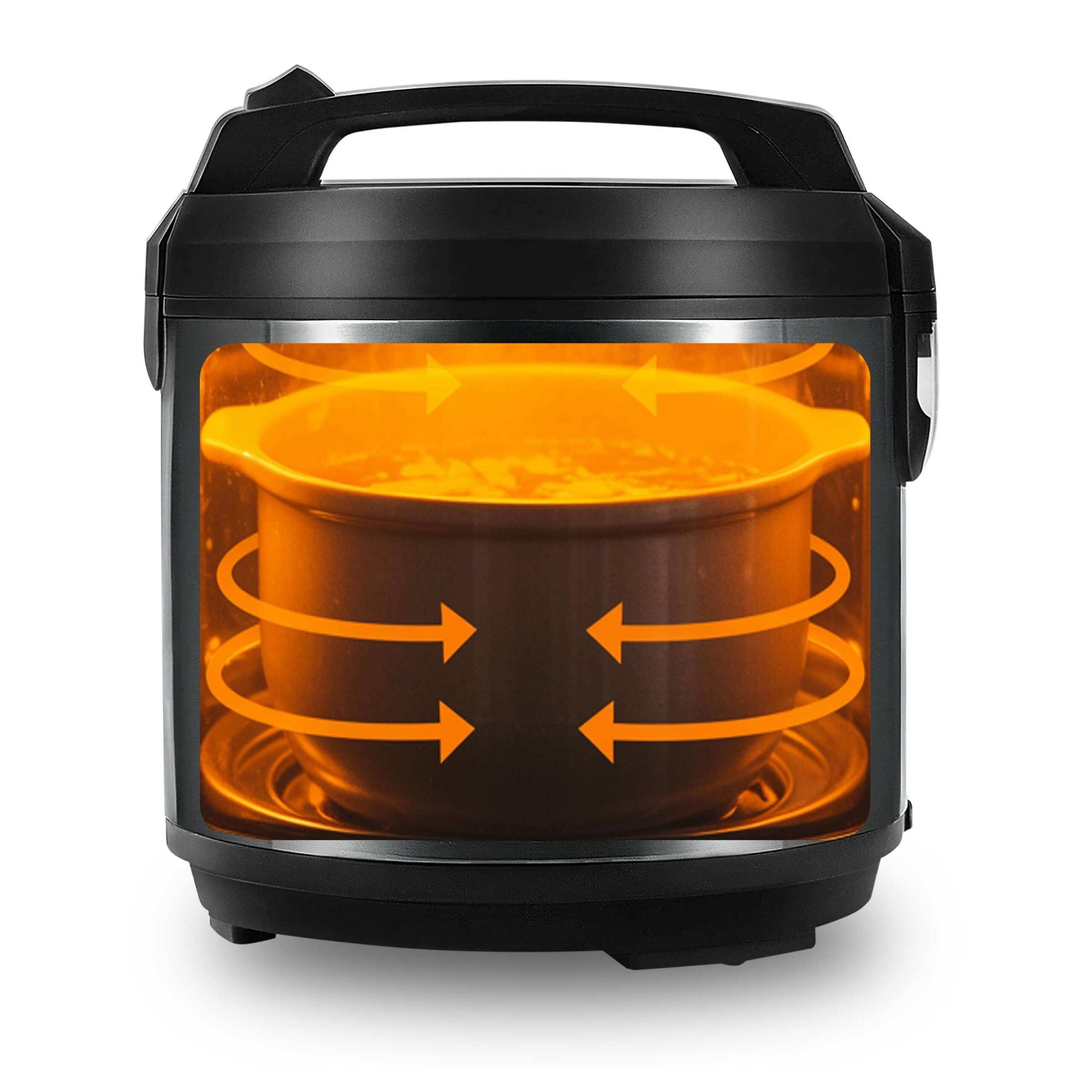 Olla a presión negra con una sección transversal que muestra una olla en el interior, con flechas naranjas que indican la circulación del calor.