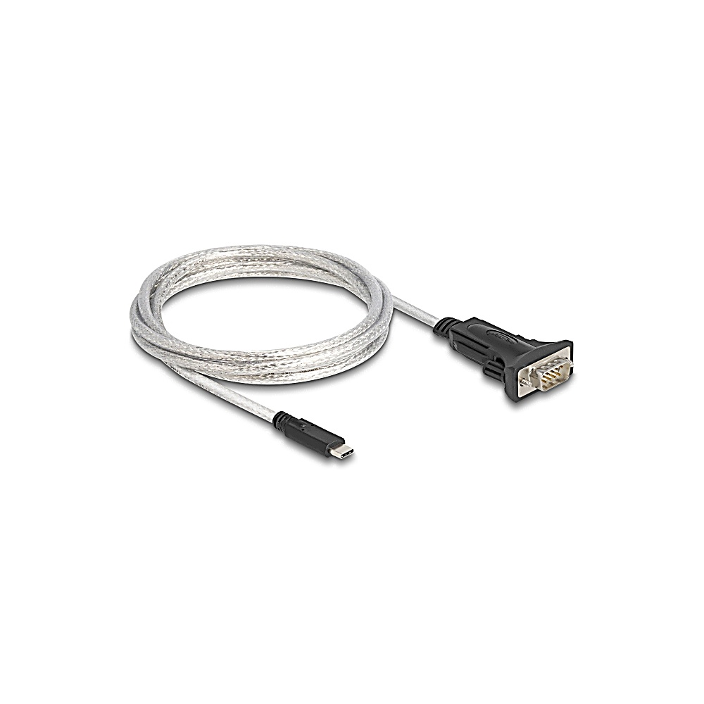 Un cavo USB argentato con un connettore nero e un connettore di porta seriale nero su sfondo bianco.
