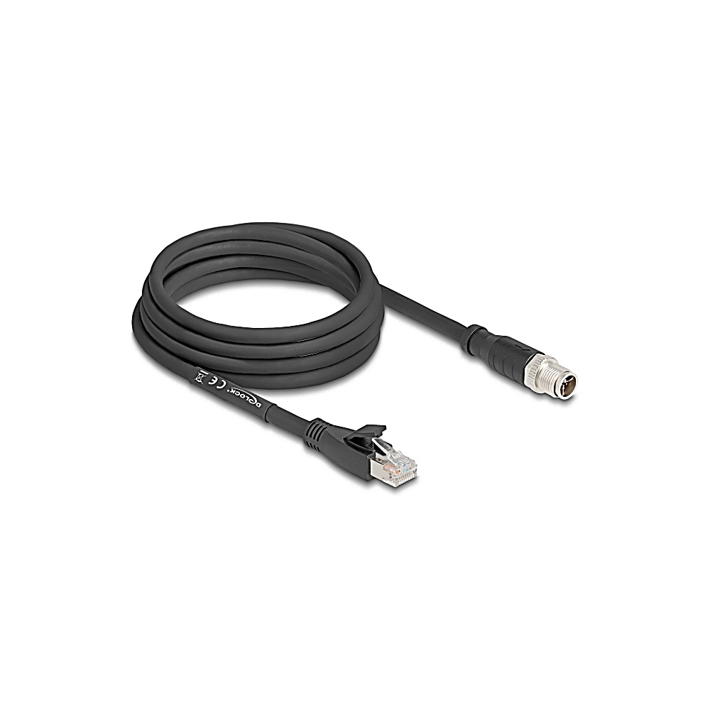Un cavo Ethernet nero con centro arrotolato. Un'estremità ha un connettore, l'altra un connettore RJ45 trasparente.