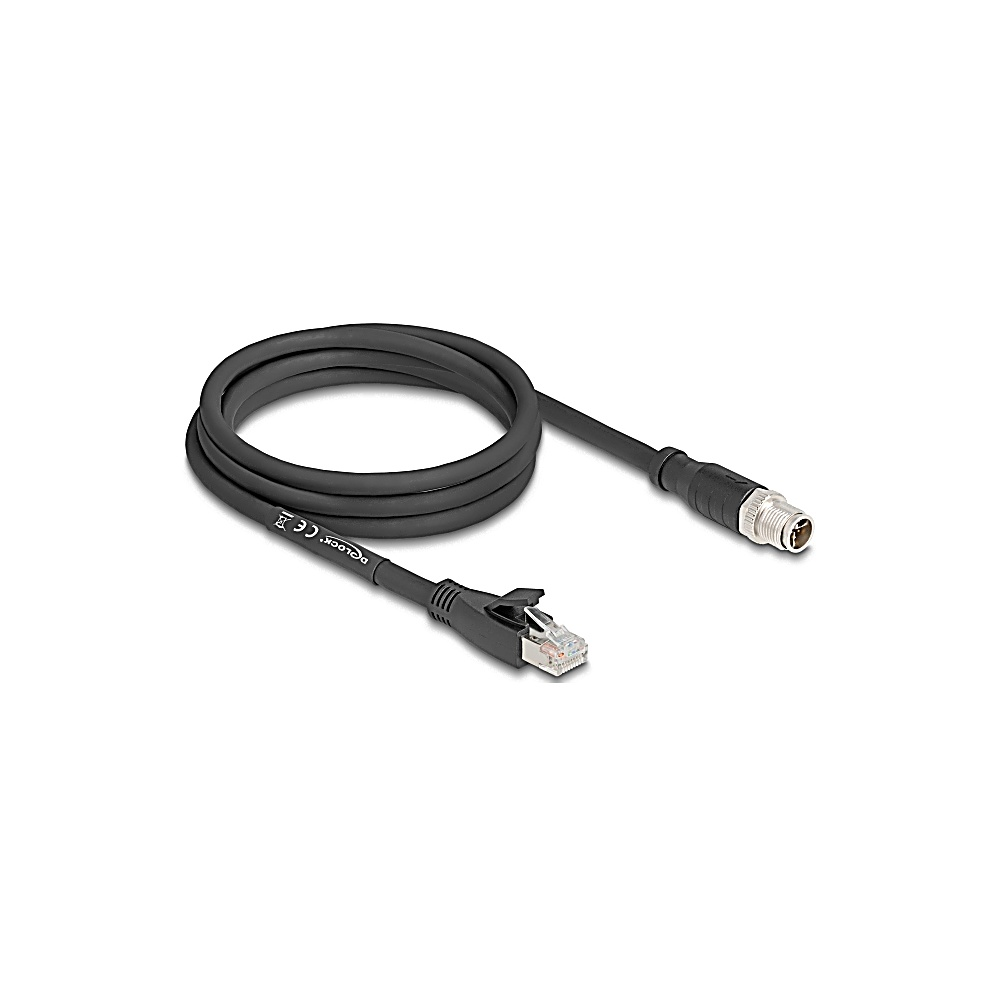 Un cavo Ethernet nero con connettore RJ45, arrotolato, e un connettore circolare all'altra estremità, su sfondo bianco.