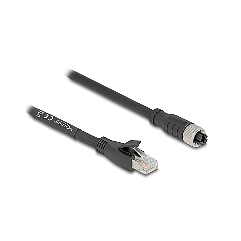 Un cavo Ethernet nero con due connettori diversi. Uno è RJ45, l'altro un connettore industriale circolare.