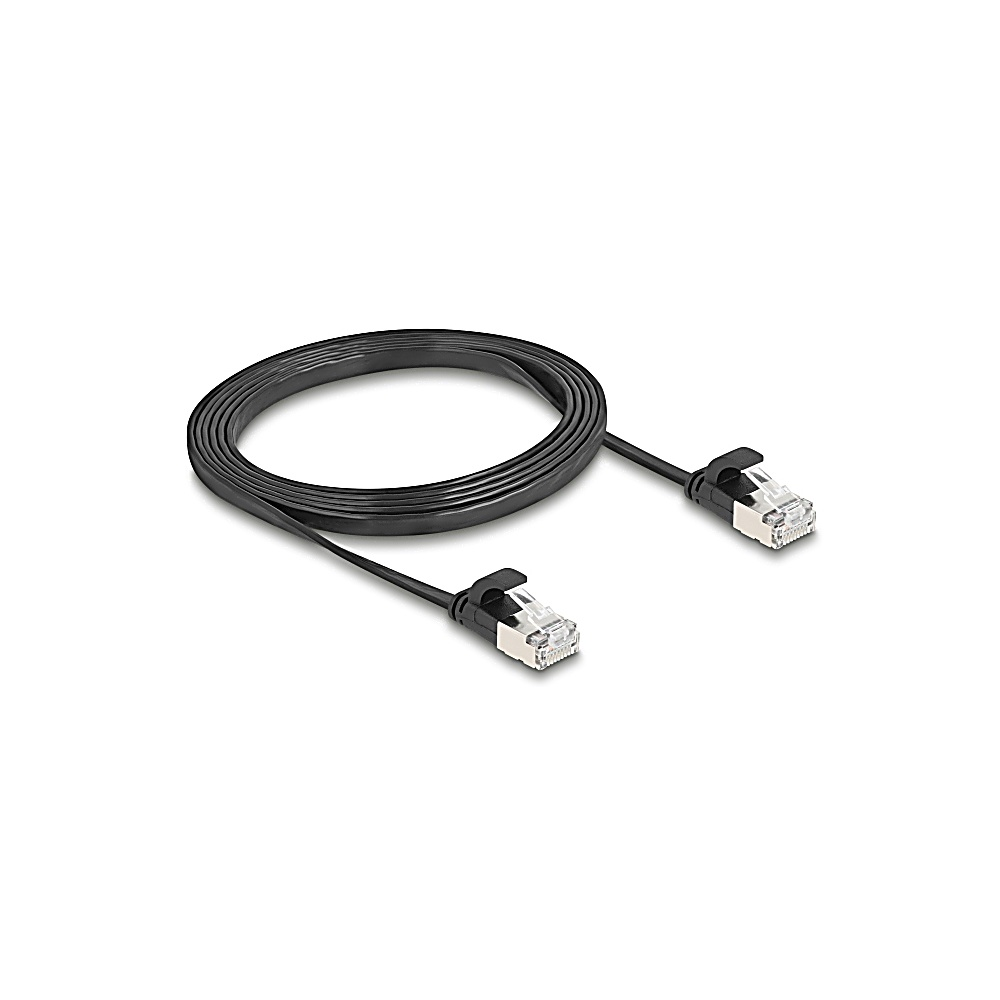 Un cavo Ethernet nero su sfondo bianco. Il cavo forma un anello con connettori ad ogni estremità.