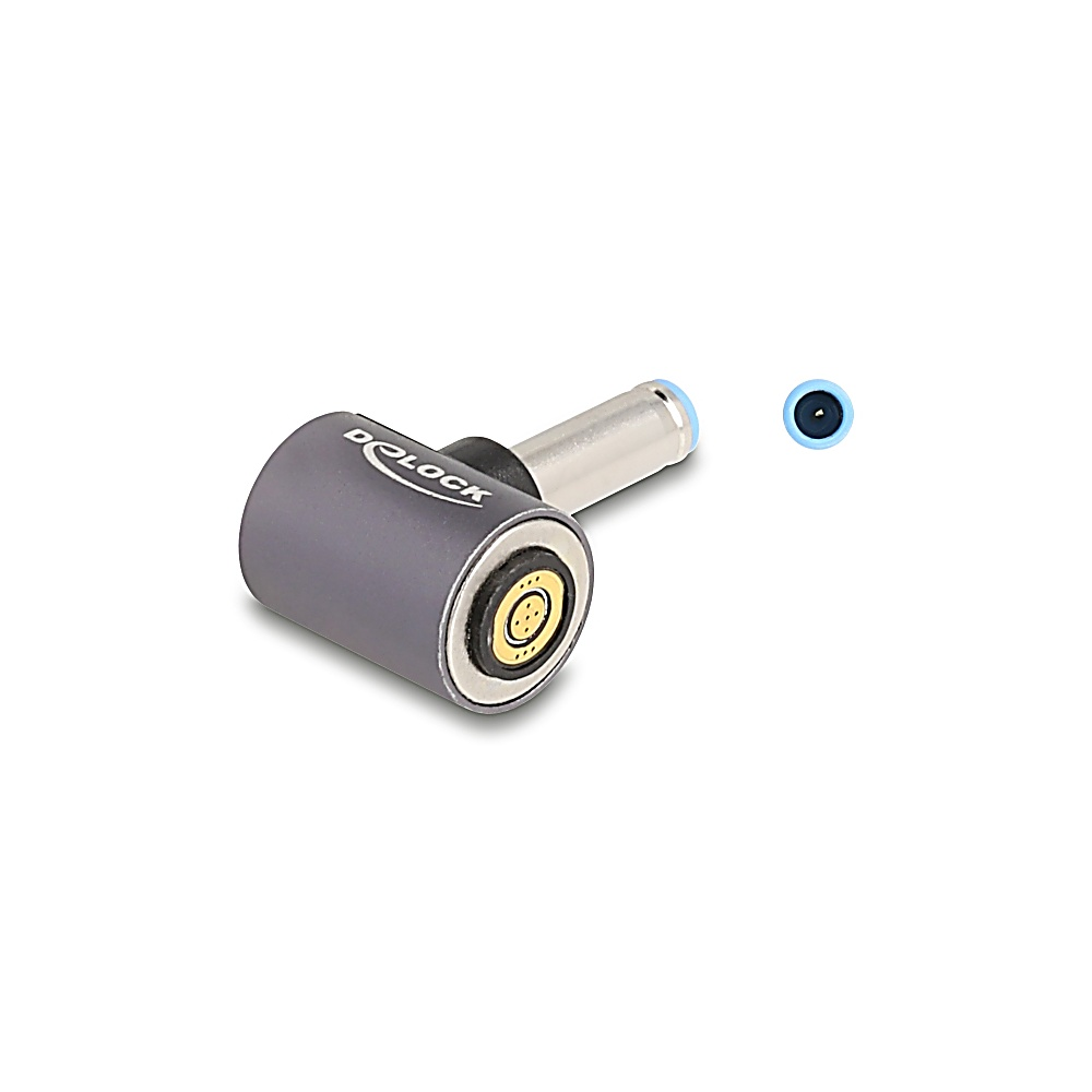 Un connettore angolato grigio e argento con punta blu e un cerchio blu più piccolo a destra. Il connettore ha il logo Dolock.