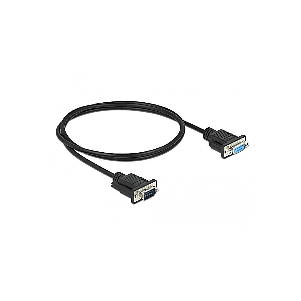 Czarny kabel szeregowy z dwoma złączami. Złącza mają niebieskie wnętrza i srebrne śruby. Kabel jest na białym tle.