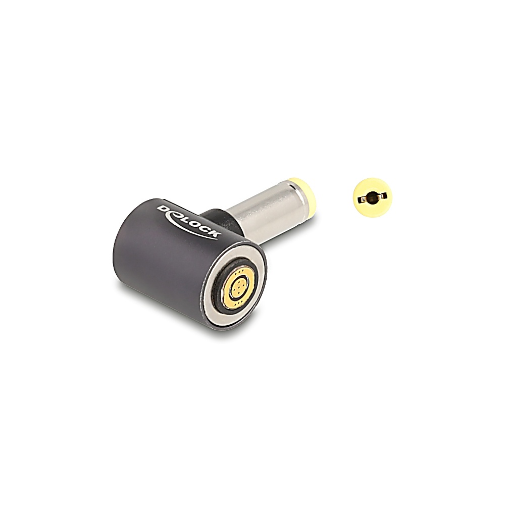 Un adattatore D-Lock nero e argento, angolato, e un connettore giallo-beige staccato su sfondo bianco.