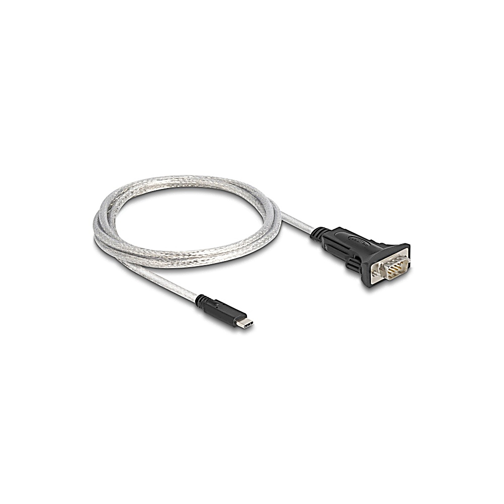 Un cavo argentato con un connettore USB-C a un'estremità e un connettore nero all'altra. I connettori sono su una superficie bianca.