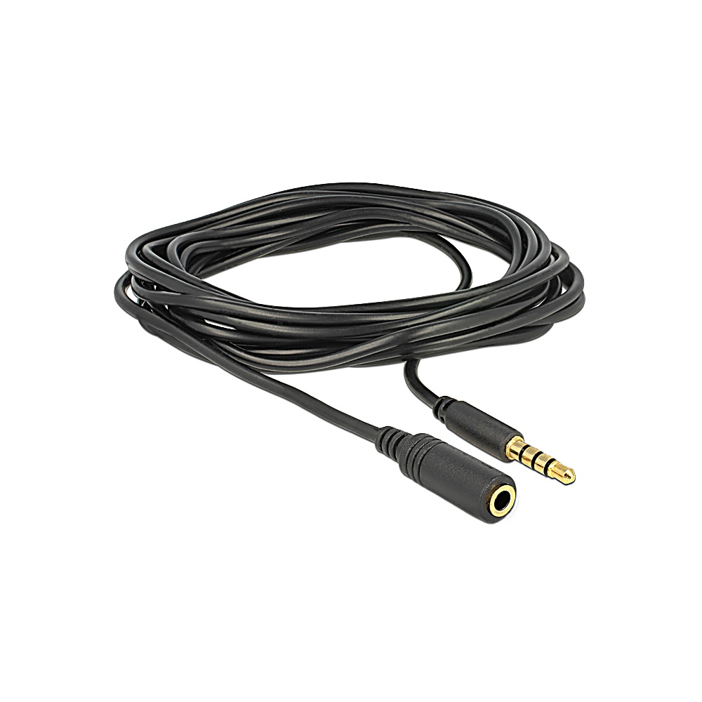 Zwarte audio verlengkabel met opgerolde draad. Een vrouwelijke jack en een mannelijke jack zijn zichtbaar. Goudkleurige jacks.
