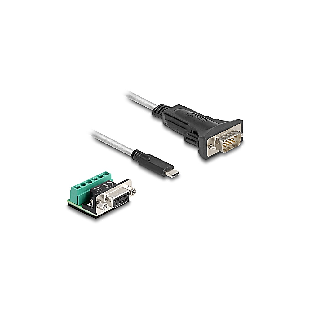 Tre connettori per cavi su sfondo bianco. Uno è USB-C, un altro un connettore DB9 e il terzo un DB9 a morsettiera.