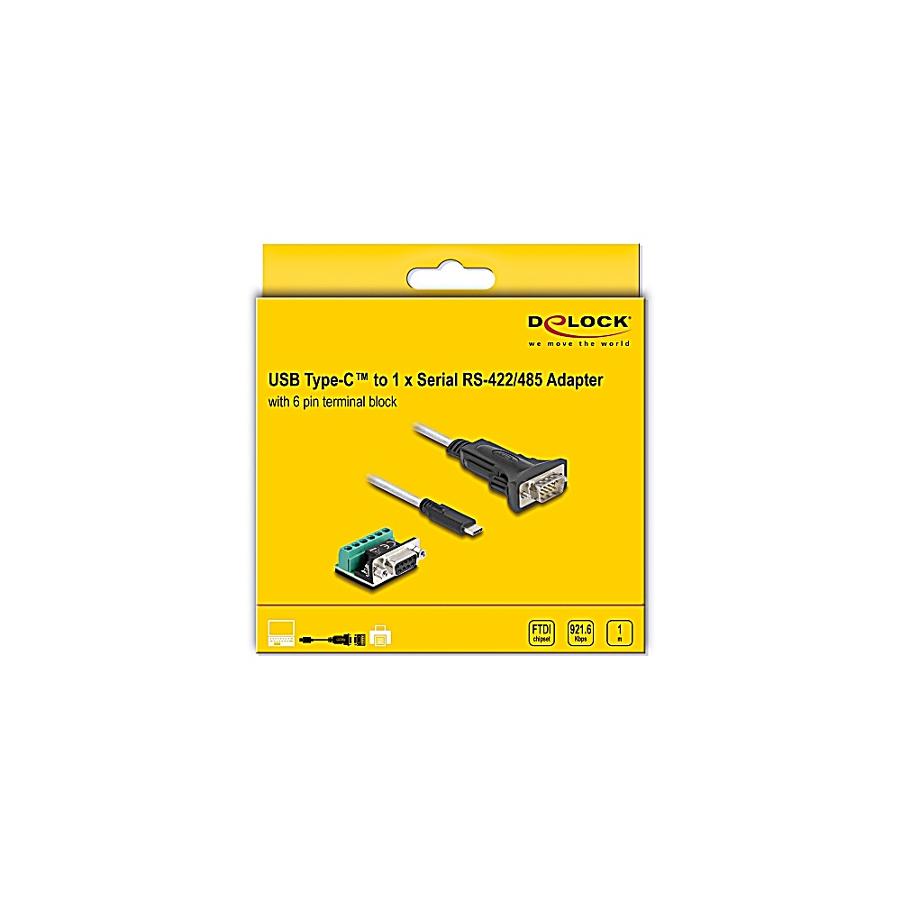 Una scatola gialla mostra un adattatore da USB Type-C a seriale RS-422/485 con morsettiera a 6 pin. Il marchio è Delock.