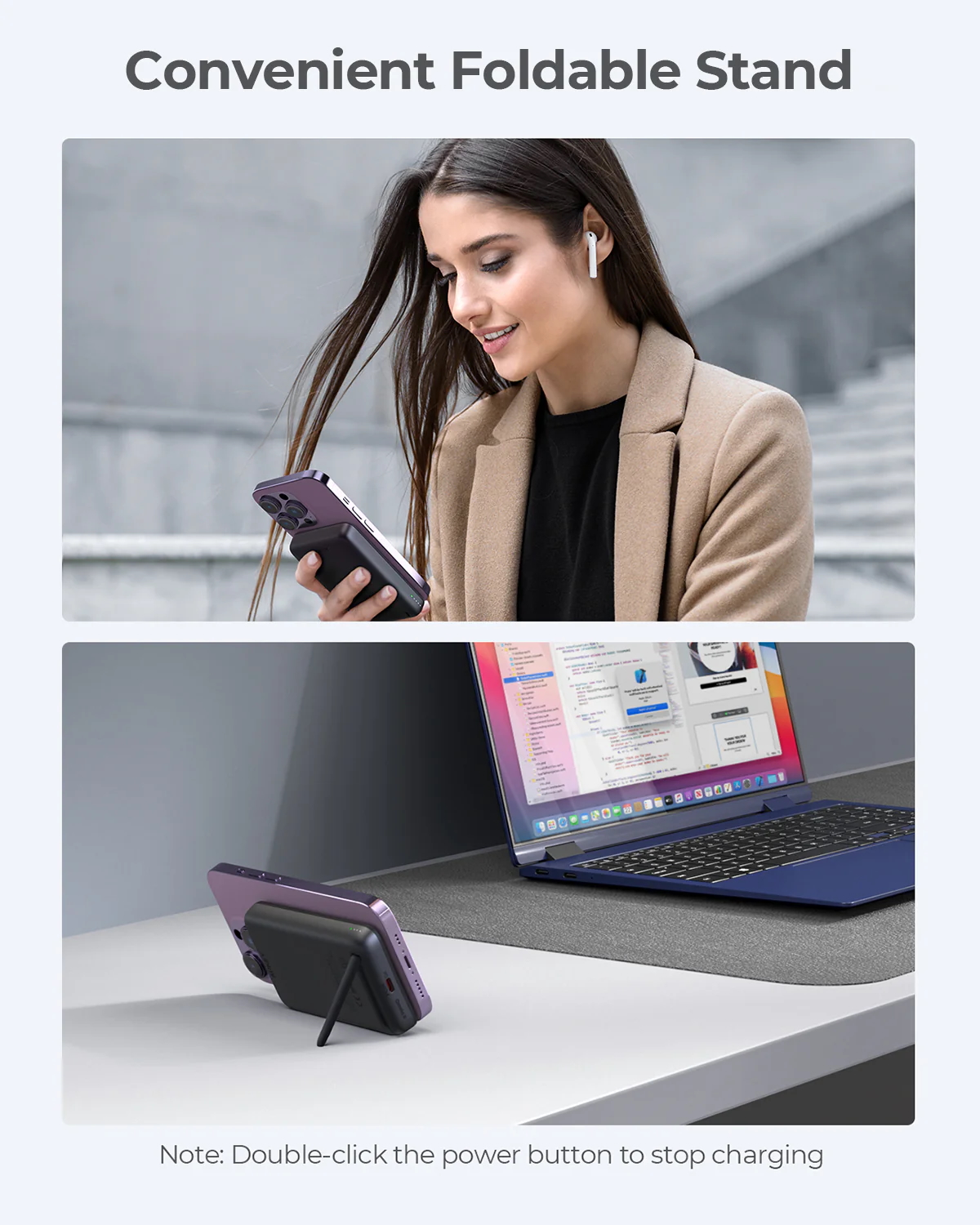 Donna con telefono e auricolari. Sotto, un telefono è su un supporto pieghevole vicino a un laptop. Lo sfondo è sfocato.