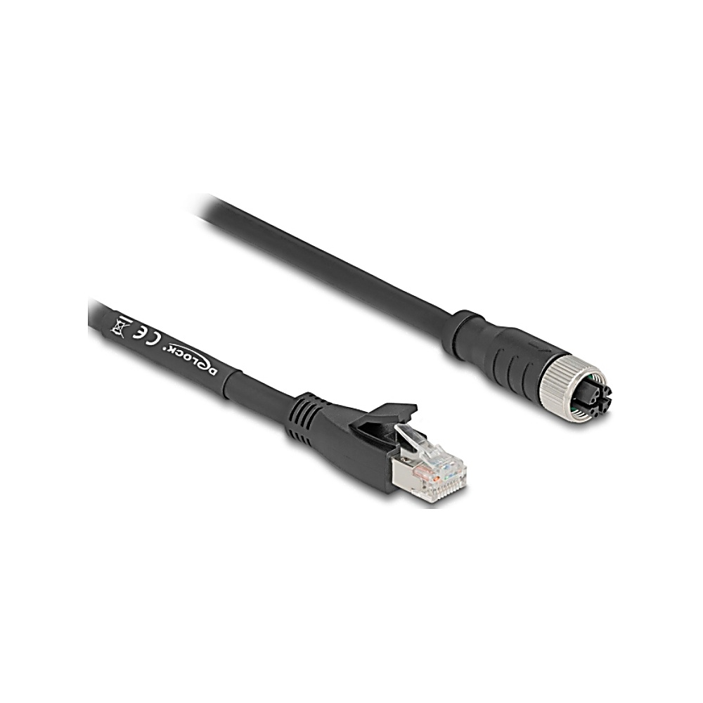 Cavo Ethernet nero con connettore RJ45 e connettore circolare. Il cavo è su sfondo bianco. Primo piano.
