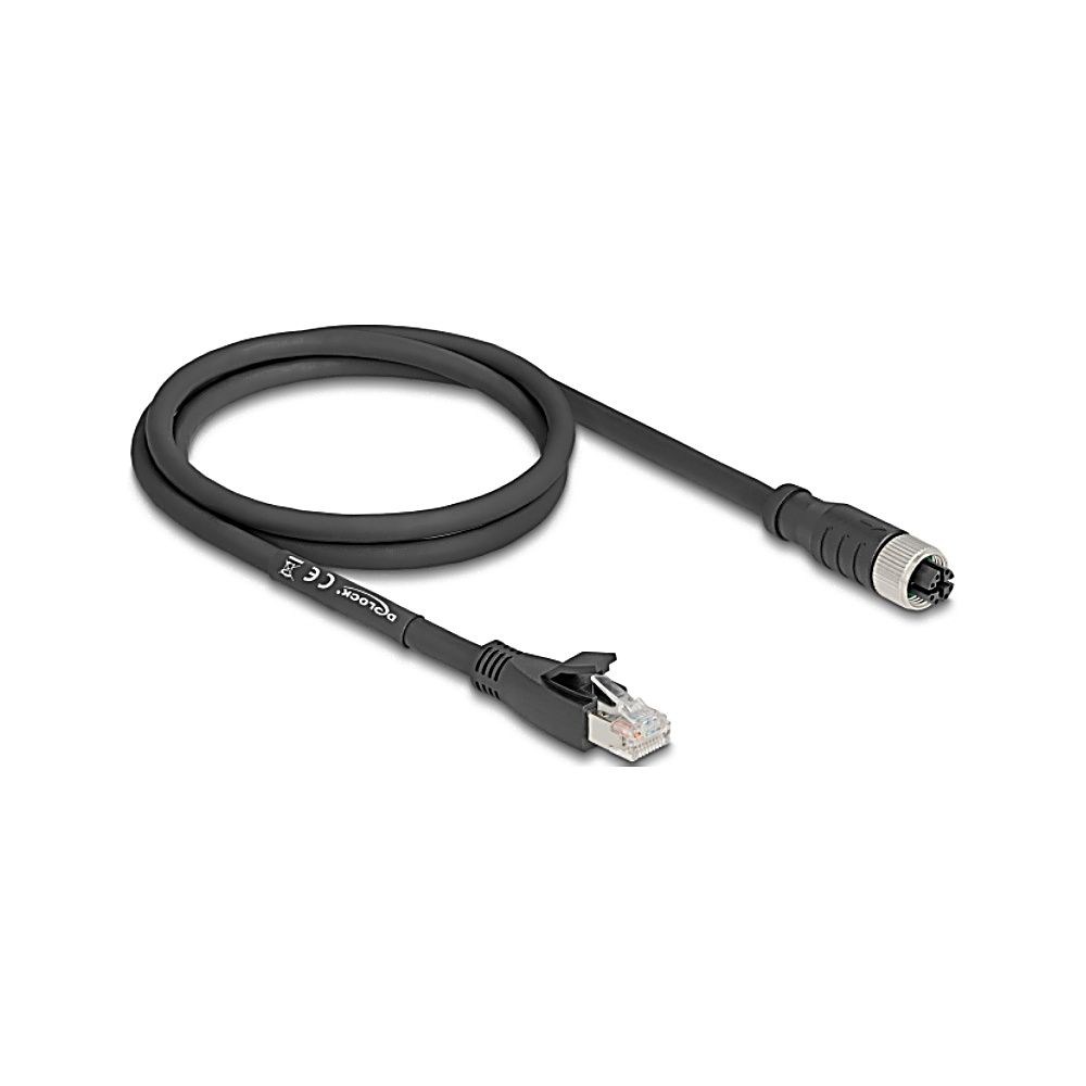 Un cavo di rete nero con un connettore ad ogni estremità. Un'estremità è RJ45, l'altra è un connettore circolare multipin.