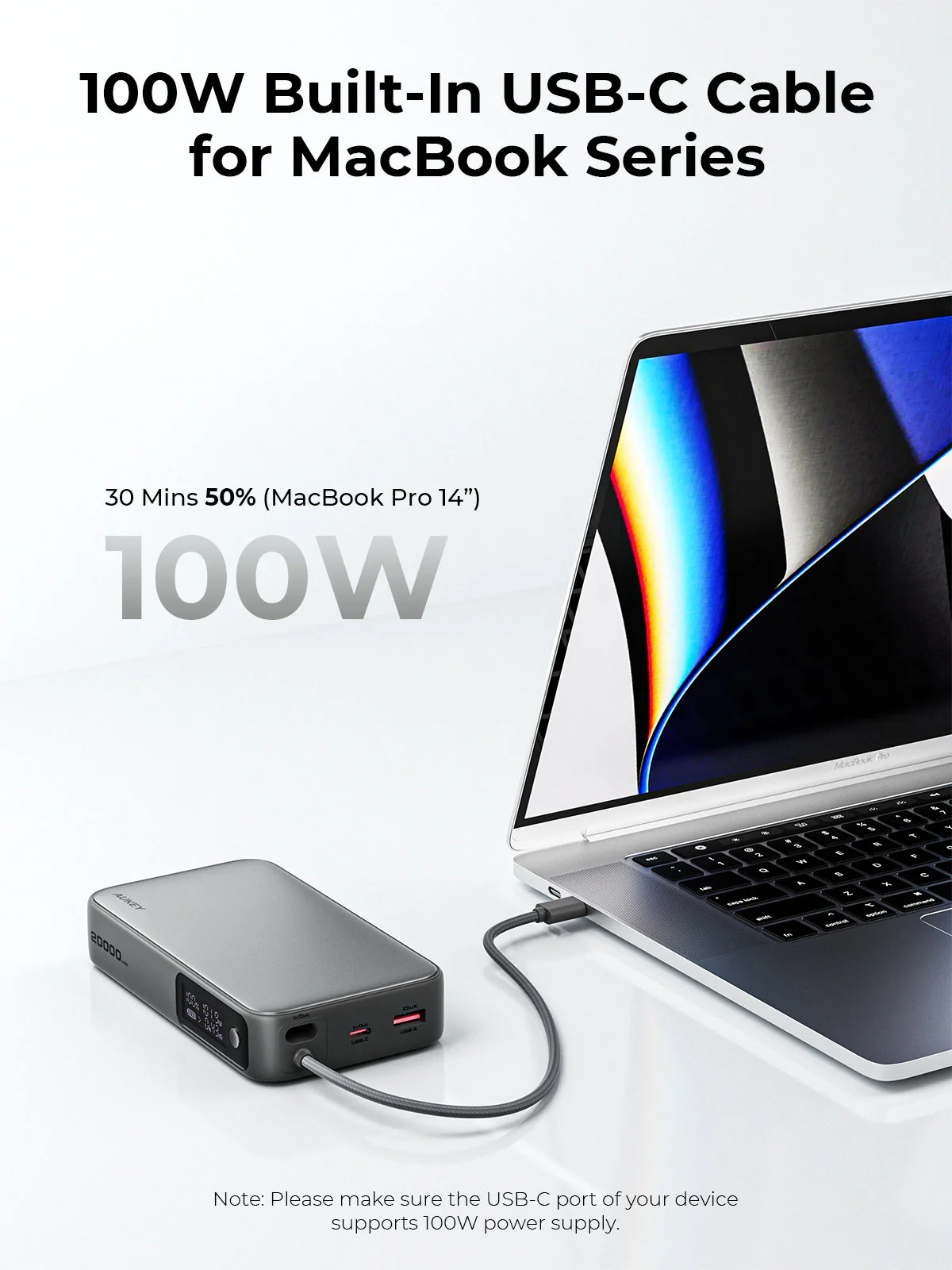 Un banco de energía gris conectado a un MacBook Pro con un cable USB-C. El texto indica carga de 100 W y 50 % en 30 minutos.