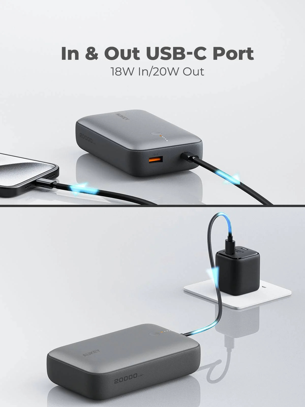 Un power bank grigio con cavo nero collegato a un telefono e un caricabatterie. Il testo 'In & Out USB-C Port' è visualizzato.