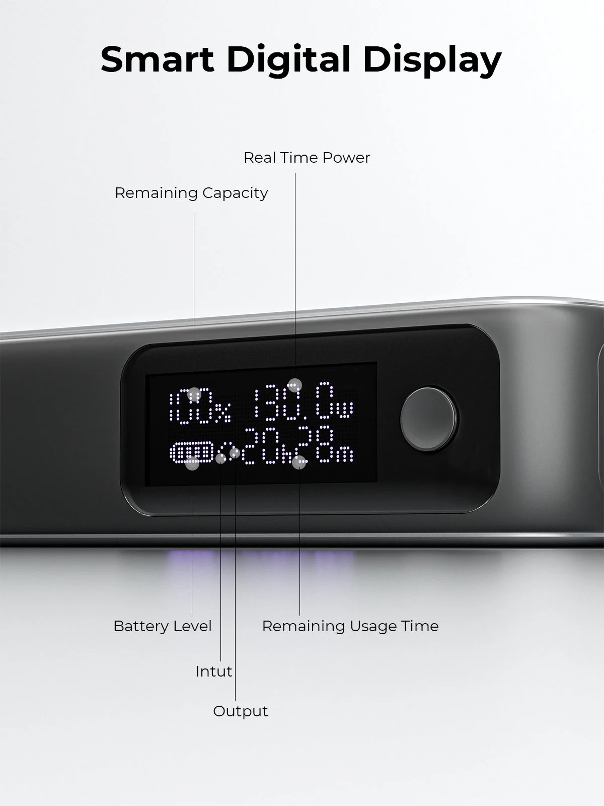 Una pantalla digital inteligente muestra la energía en tiempo real, la capacidad restante, el nivel de batería y el tiempo de uso sobre un fondo oscuro.