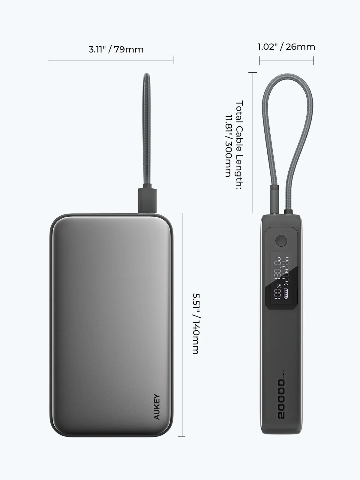 Un banco de energía gris con un cable conectado. Se muestran las dimensiones. El banco de energía tiene un logotipo AUKEY y una pantalla digital.