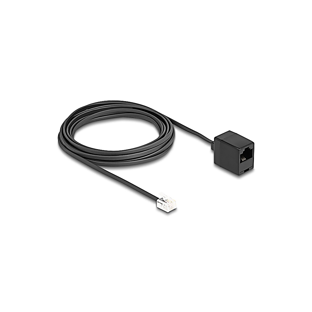 Un cavo telefonico nero con due connettori. Uno è una presa nera quadrata, l'altro è una spina RJ11 trasparente. Il cavo è arrotolato.