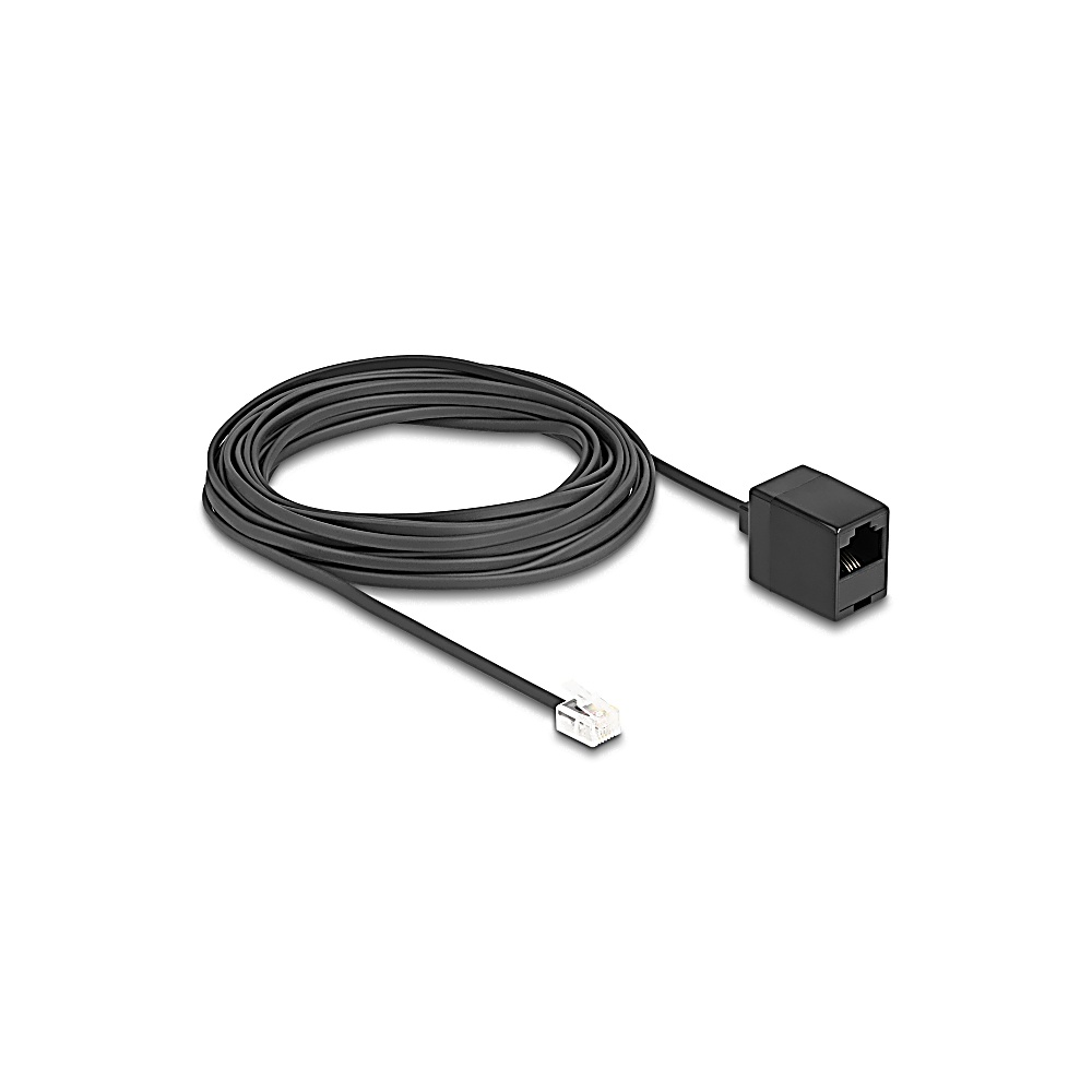 Un cavo telefonico nero arrotolato con un connettore trasparente a un'estremità e un connettore a scatola nero all'altra, su sfondo bianco.
