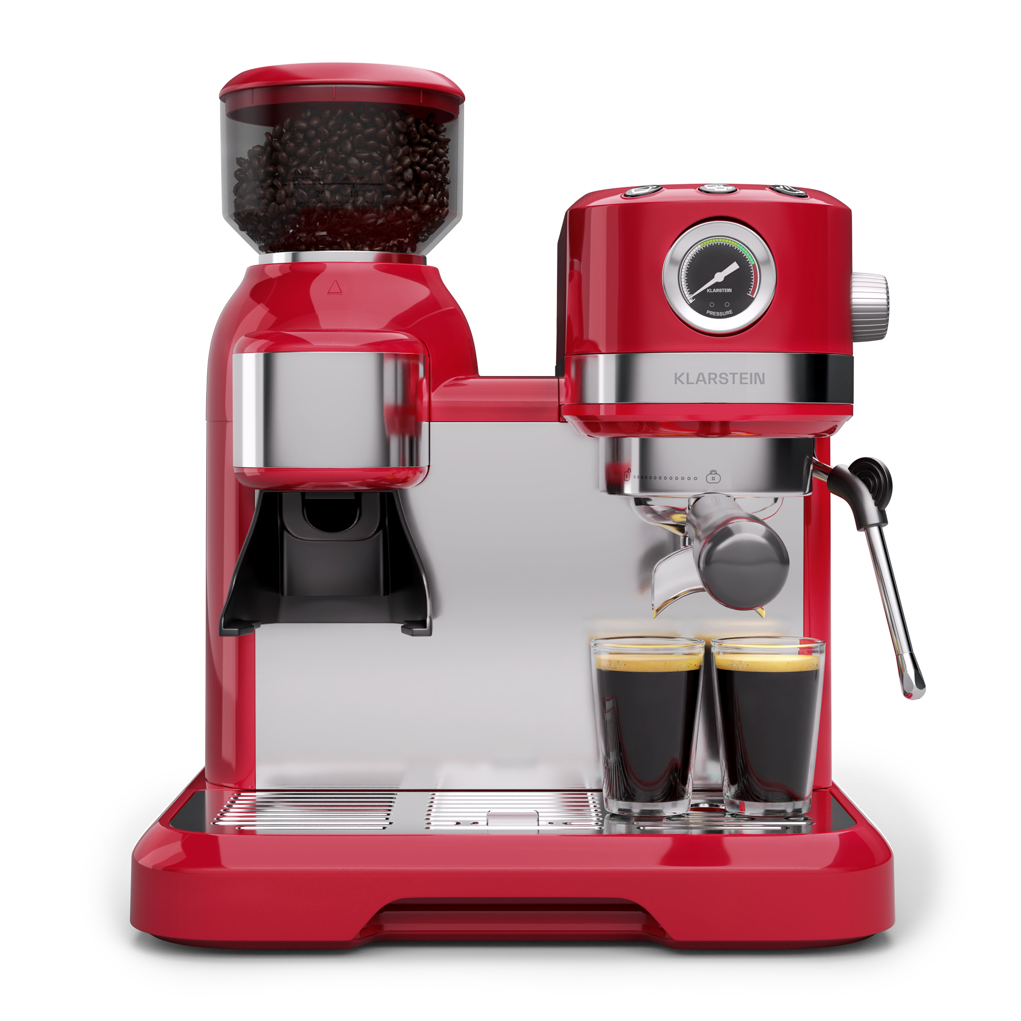 Máquina de espresso roja con molinillo. Incluye granos de café en un recipiente transparente, espresso en dos vasos y un manómetro.