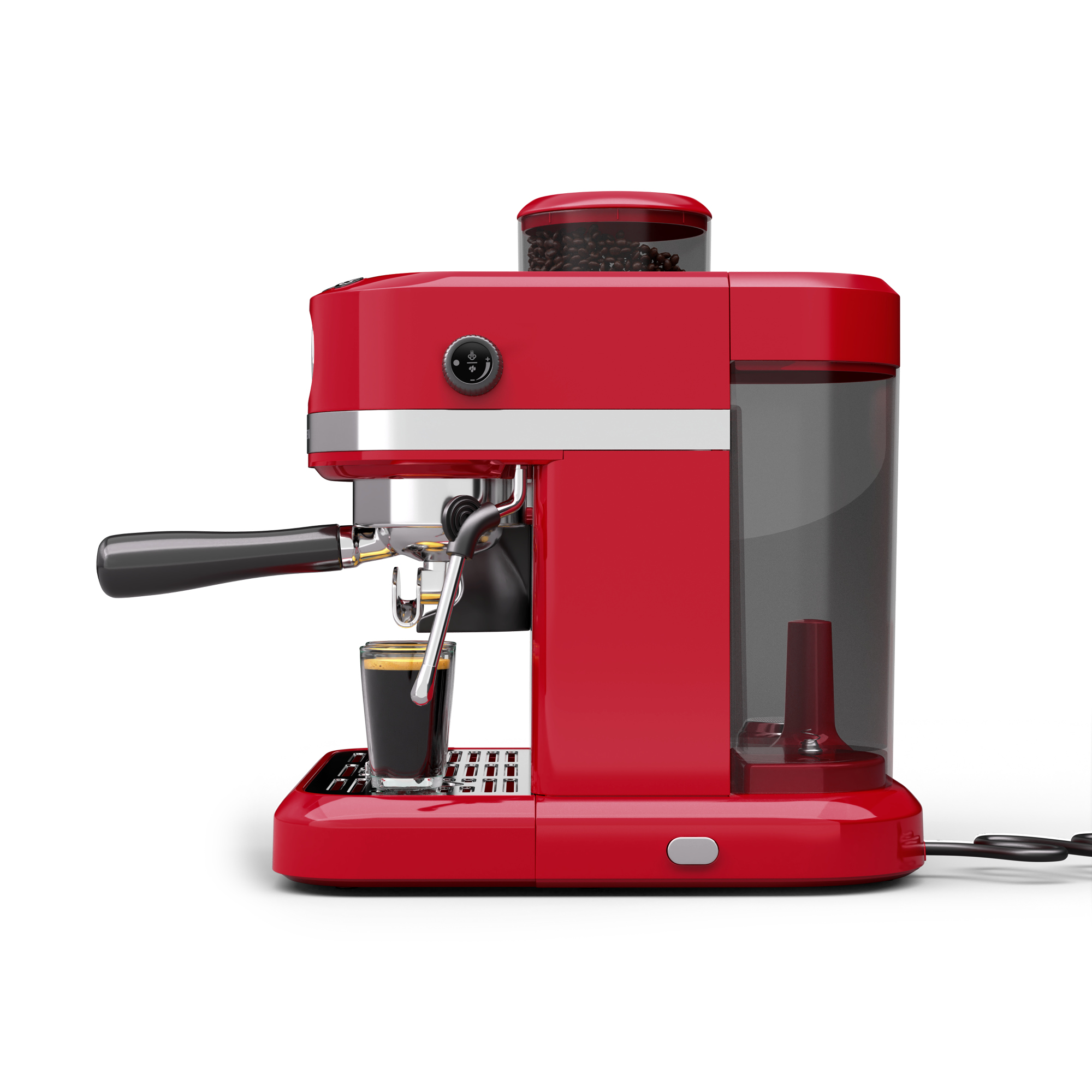 Una máquina de espresso roja con un vaso de café. Granos de café en el recipiente superior. Mango y boquilla negros.