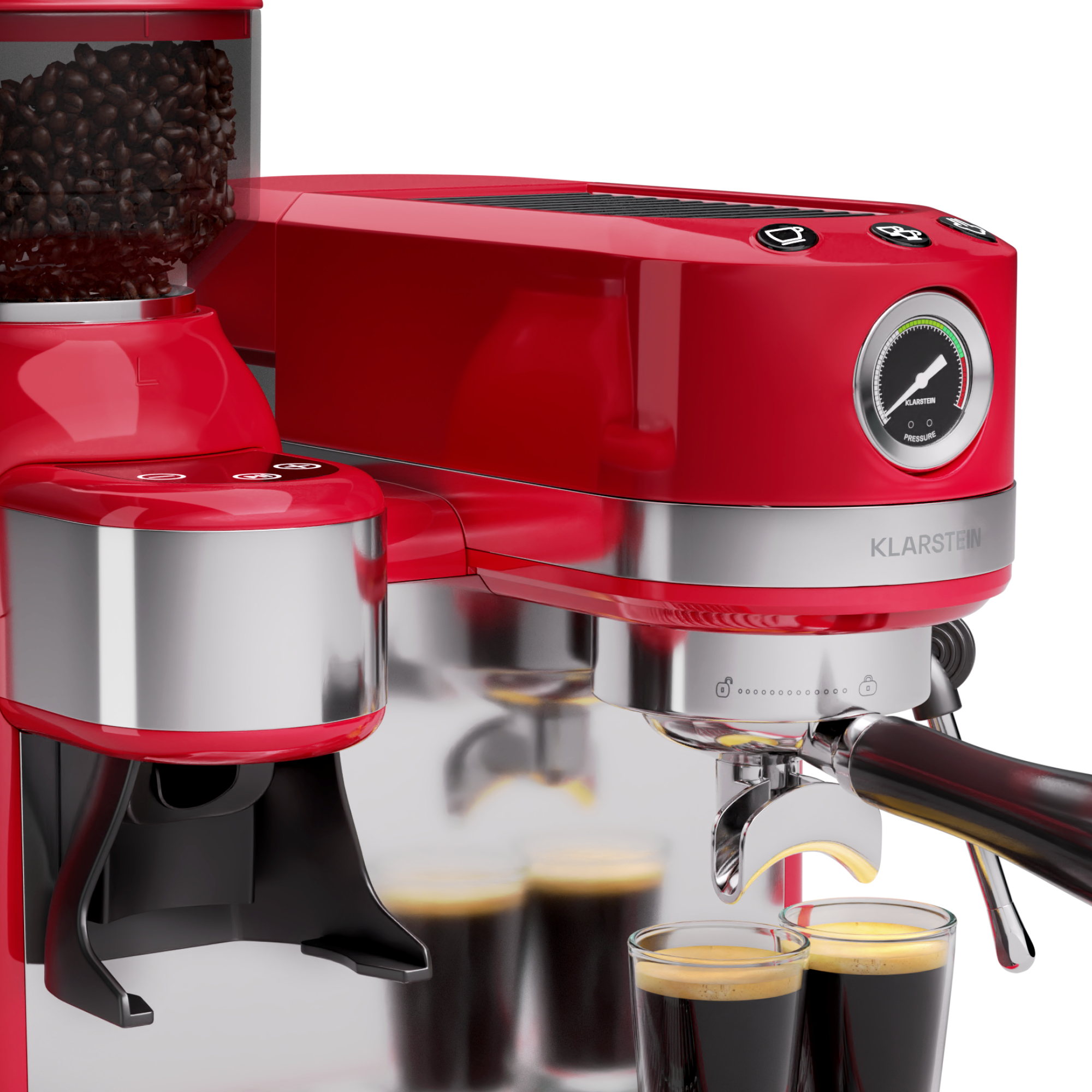 Una máquina de espresso roja y plateada con molinillo de granos. Dos vasos de café al frente. Marca Klarstein.