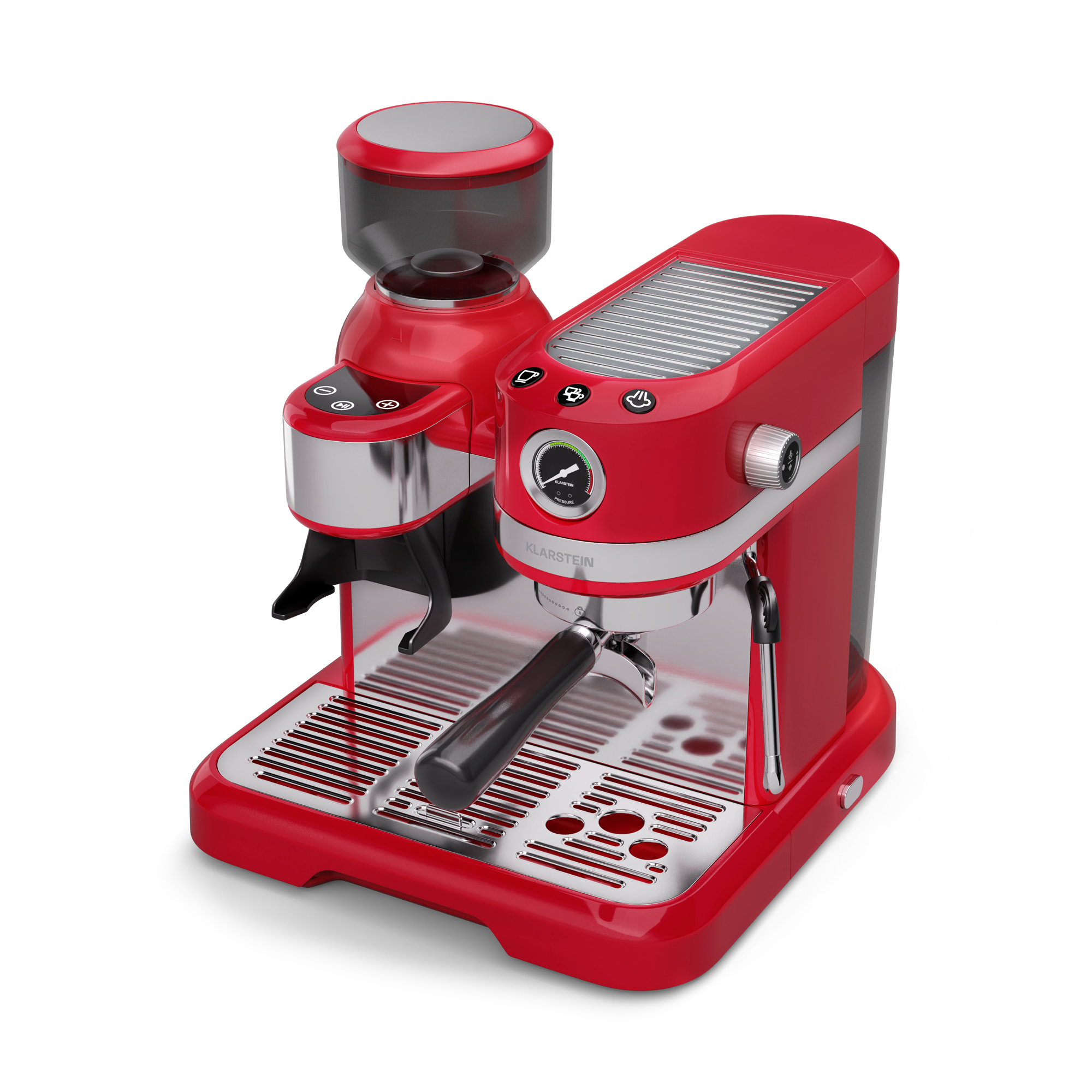Una máquina de espresso roja con un molinillo. Tiene una bandeja de goteo plateada y un manómetro. Aislada sobre blanco.
