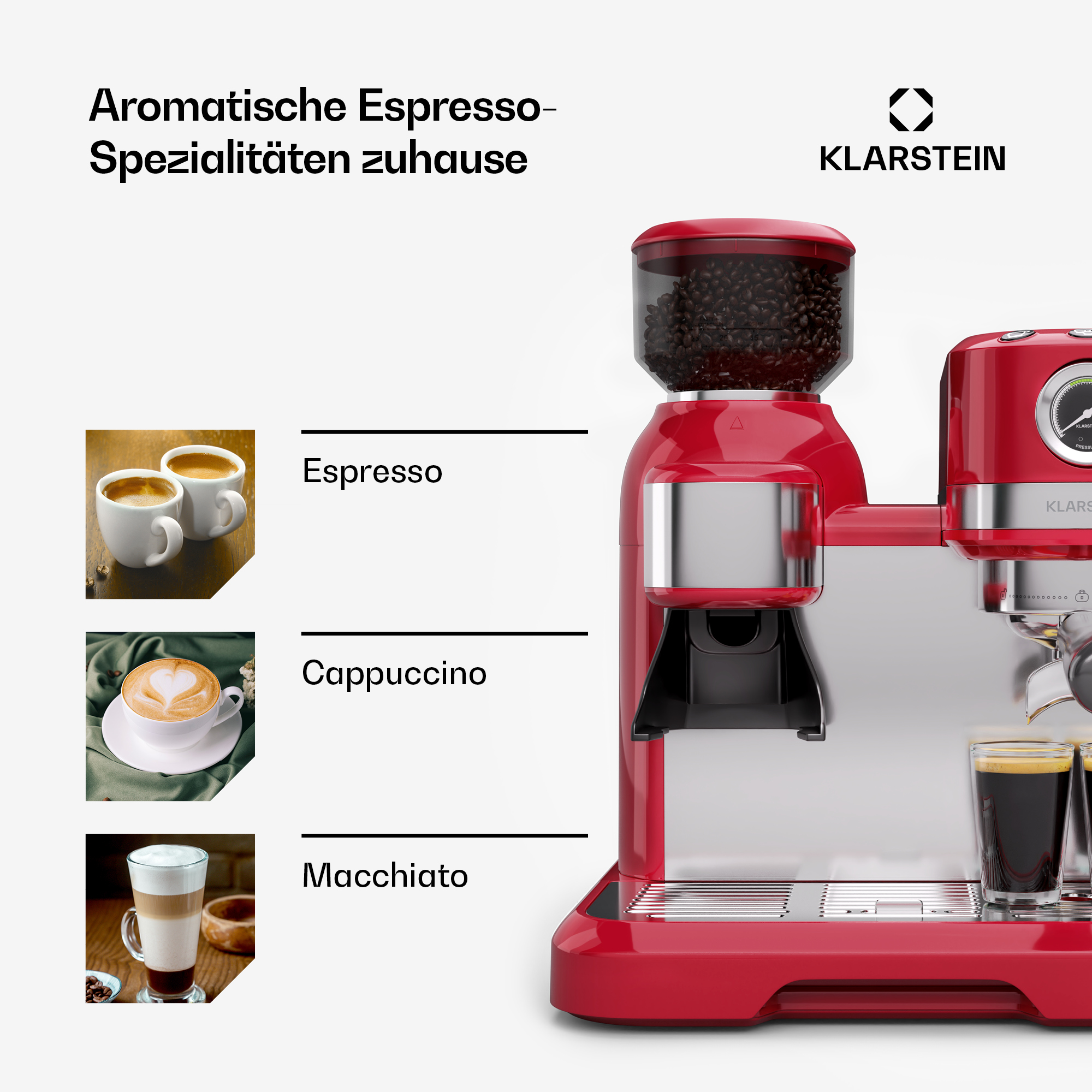 Máquina de espresso roja con contenedor de granos de café. Se muestran ejemplos de espresso, capuchino y macchiato.