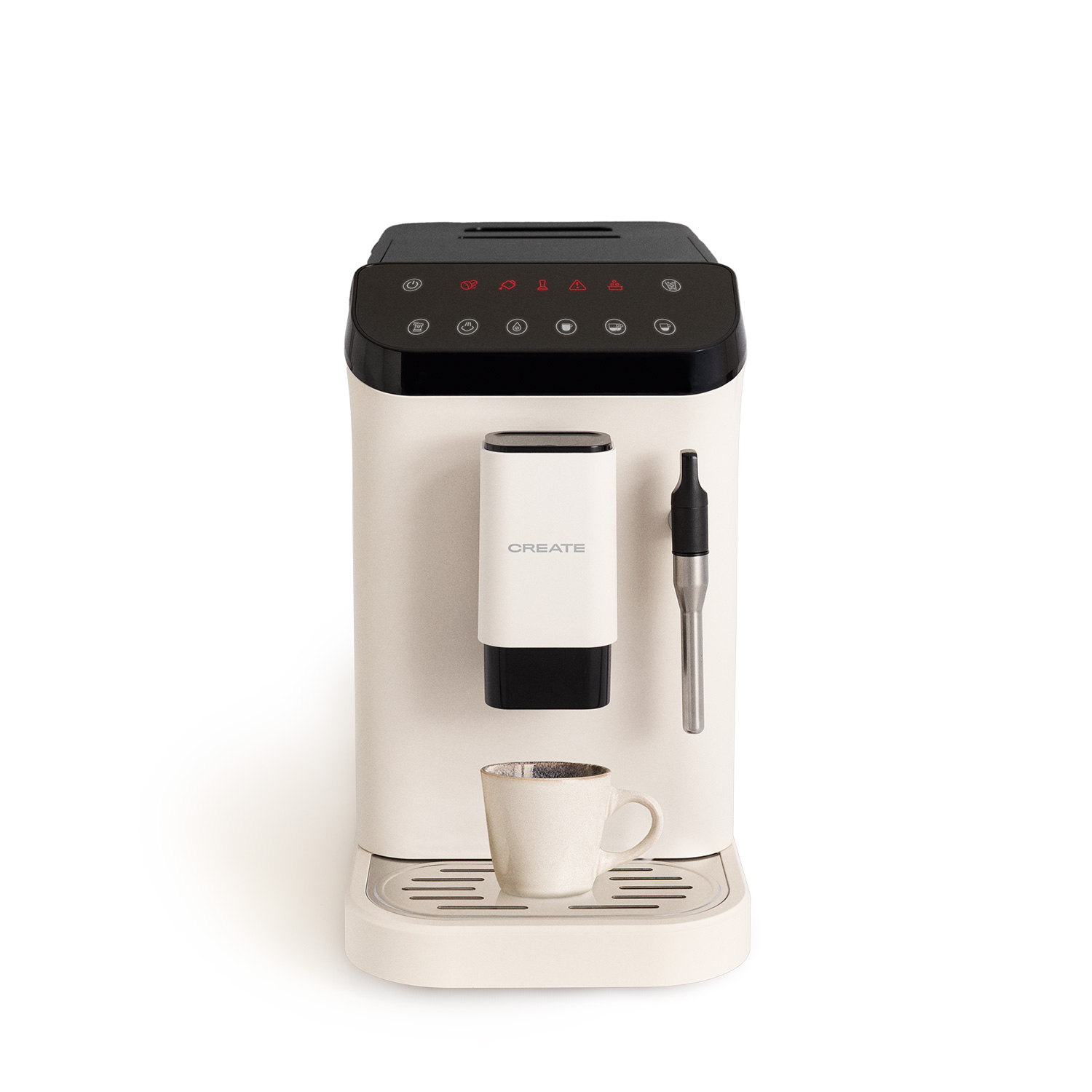 Cafetera color crema con parte superior negra y taza pequeña. La máquina tiene botones y una lanza de vapor. Fondo blanco.