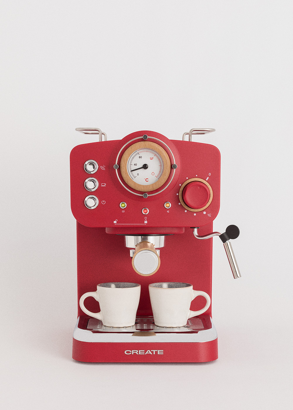 Máquina de espresso roja con dos tazas. Tiene un dial de madera y un manómetro. Las tazas son blancas.