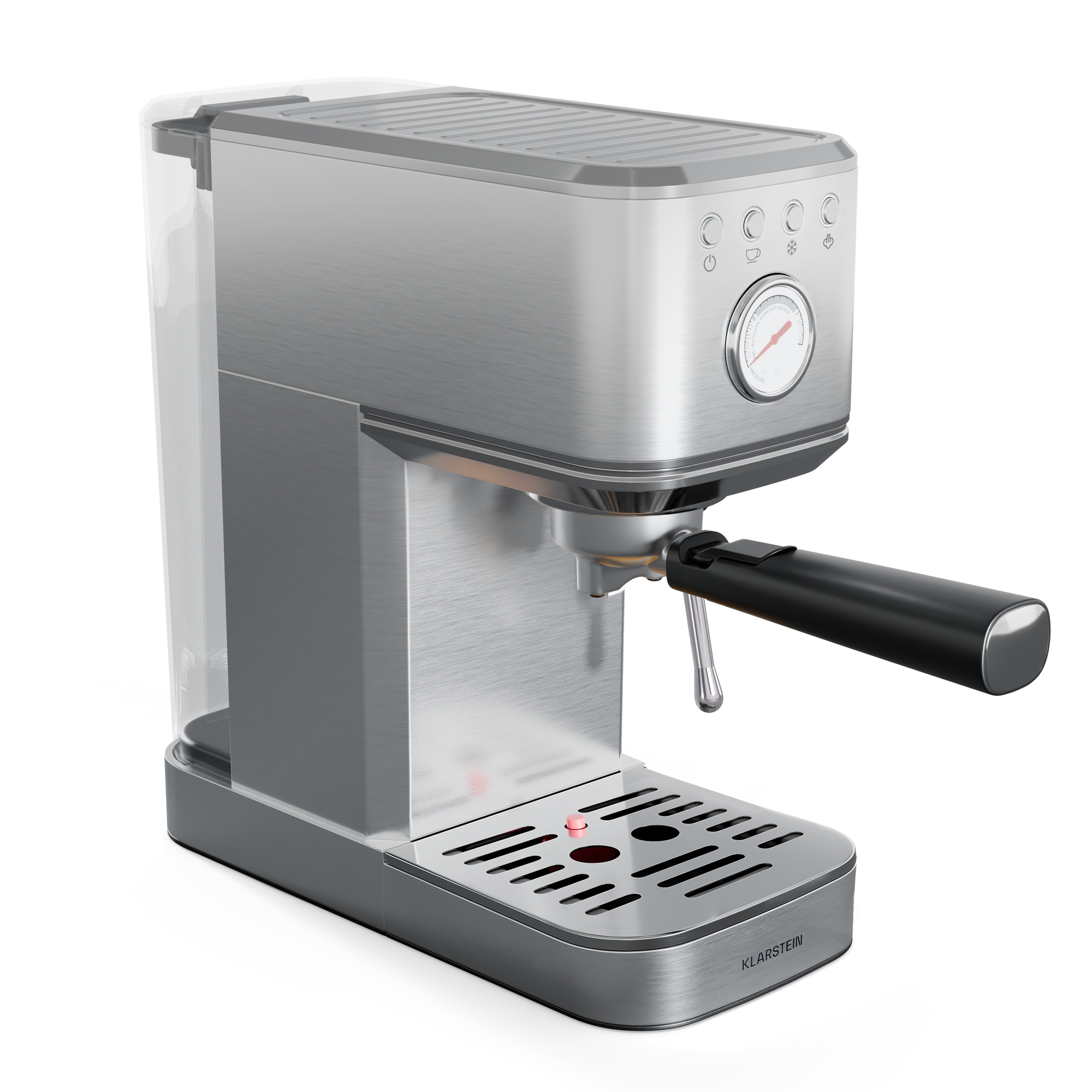 Una máquina de espresso plateada con mango negro. Tiene botones y un manómetro, y un depósito de agua a la izquierda.