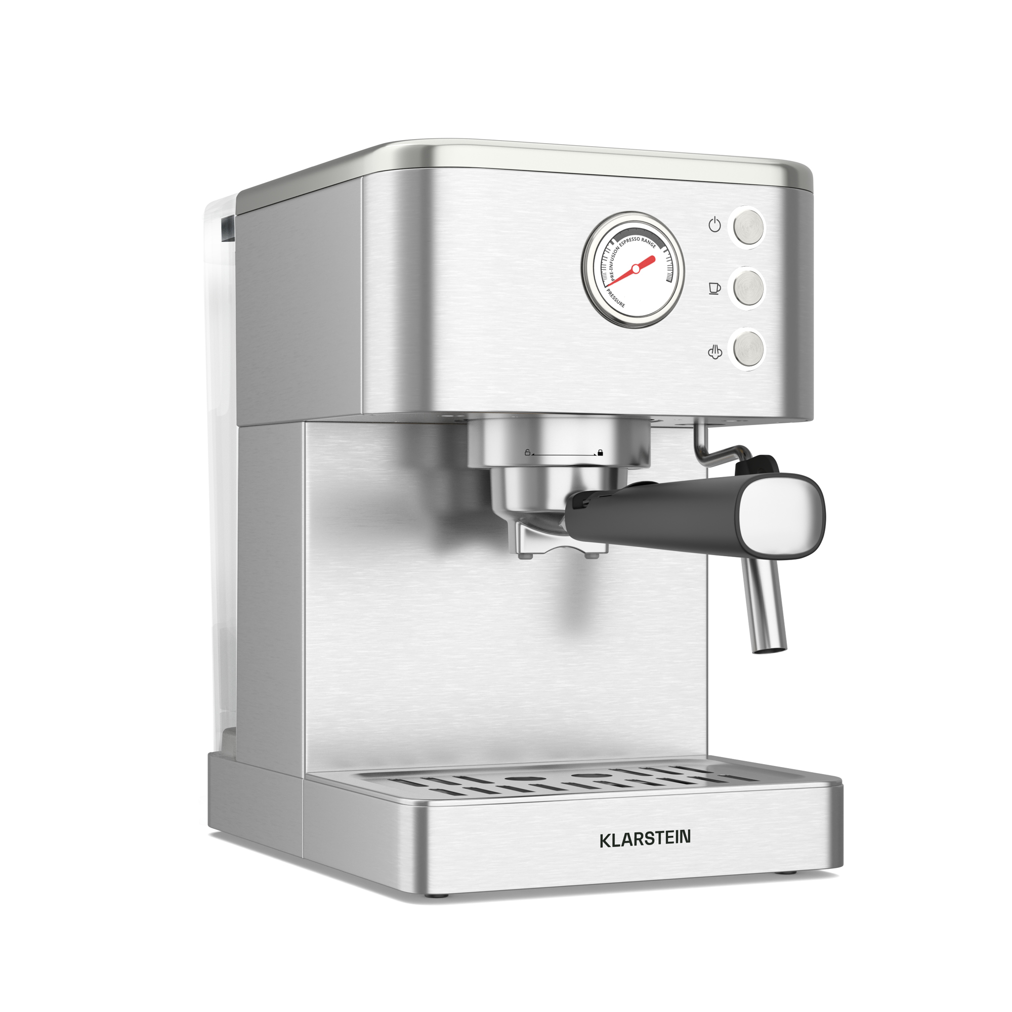 Máquina de espresso plateada. Tiene un depósito de agua, un manómetro, botones y una varilla de vapor. La marca es Klarstein.