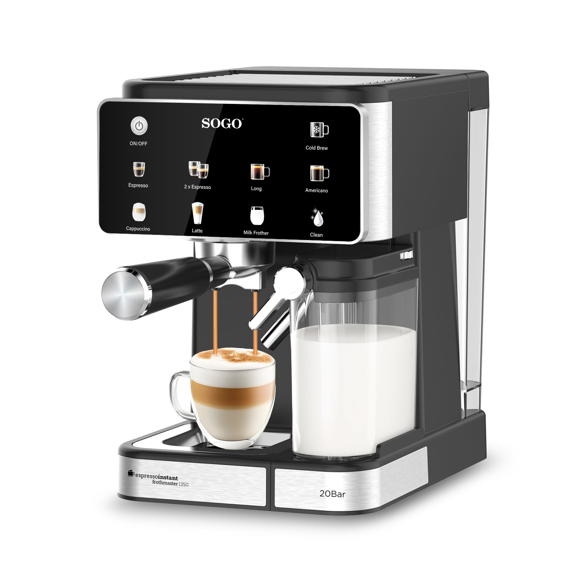 Una cafetera espresso SOGO negra y plateada. Se vierte un café con leche en una taza de vidrio transparente. Se ve el espumador de leche.