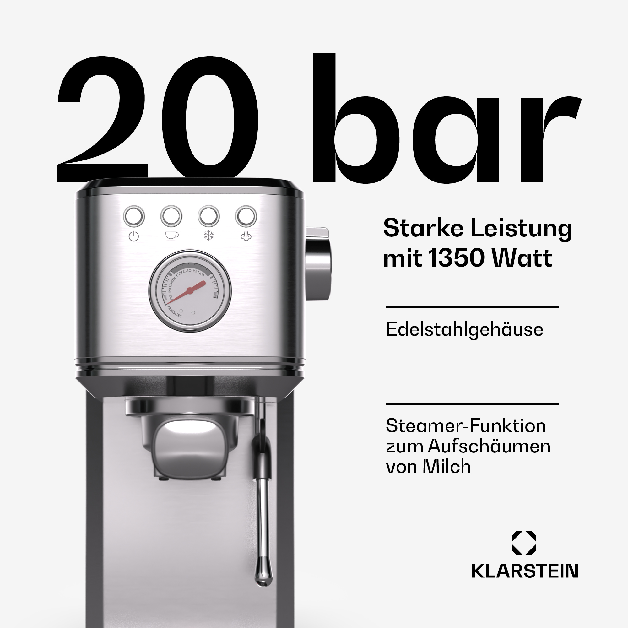 Una máquina de espresso de acero inoxidable con un indicador y botones. Texto: 20 bar, Starke Leistung, Edelstahlgehäuse.