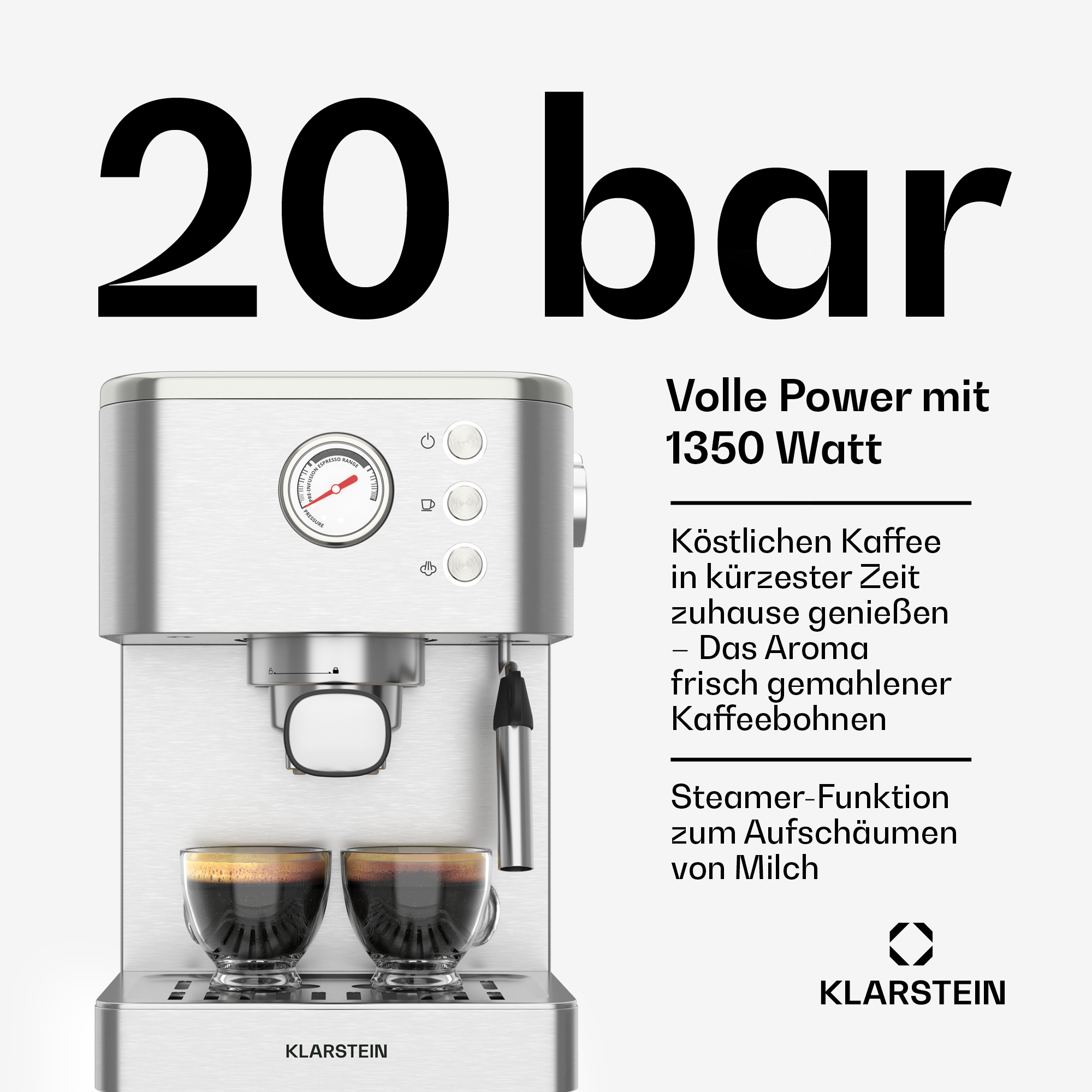 Una máquina de espresso plateada con dos tazas de café. El texto dice '20 bar' y 'Klarstein'.