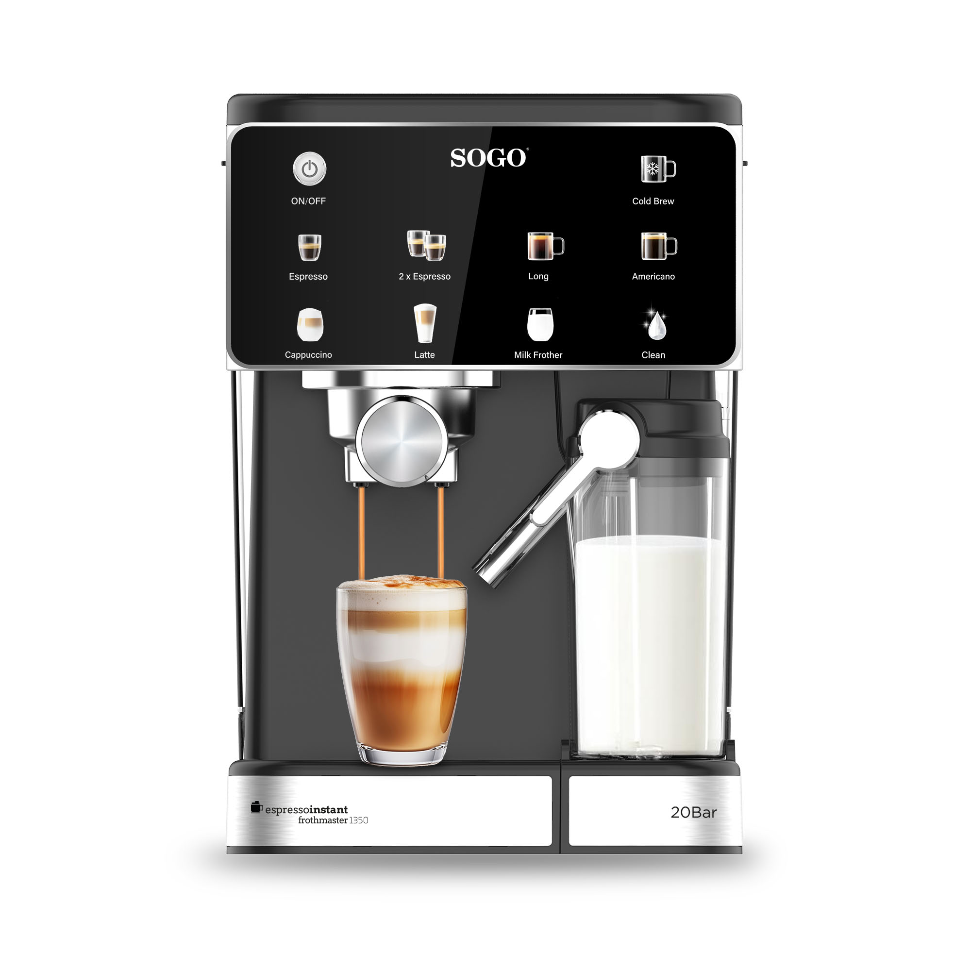 Máquina de espresso SOGO negra con un vaso de latte. Tiene botones para diferentes tipos de café y un espumador de leche.