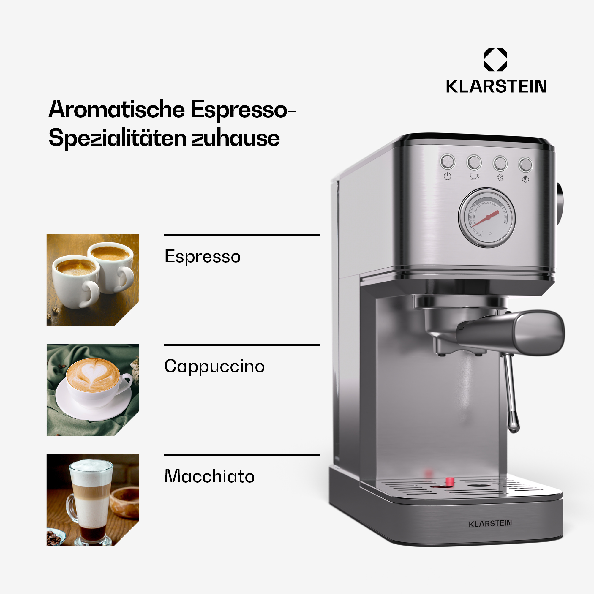 Una máquina de espresso plateada con espresso, capuchino y macchiato. La marca es Klarstein.